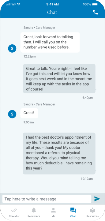 Screenshot within a phone frame of a chat thread with a care manager