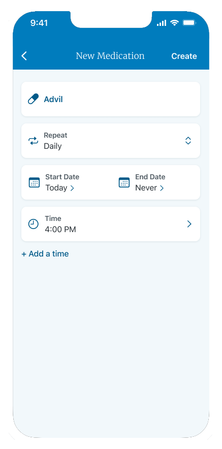 Screenshot within a phone frame of medications and reminders in a tab format